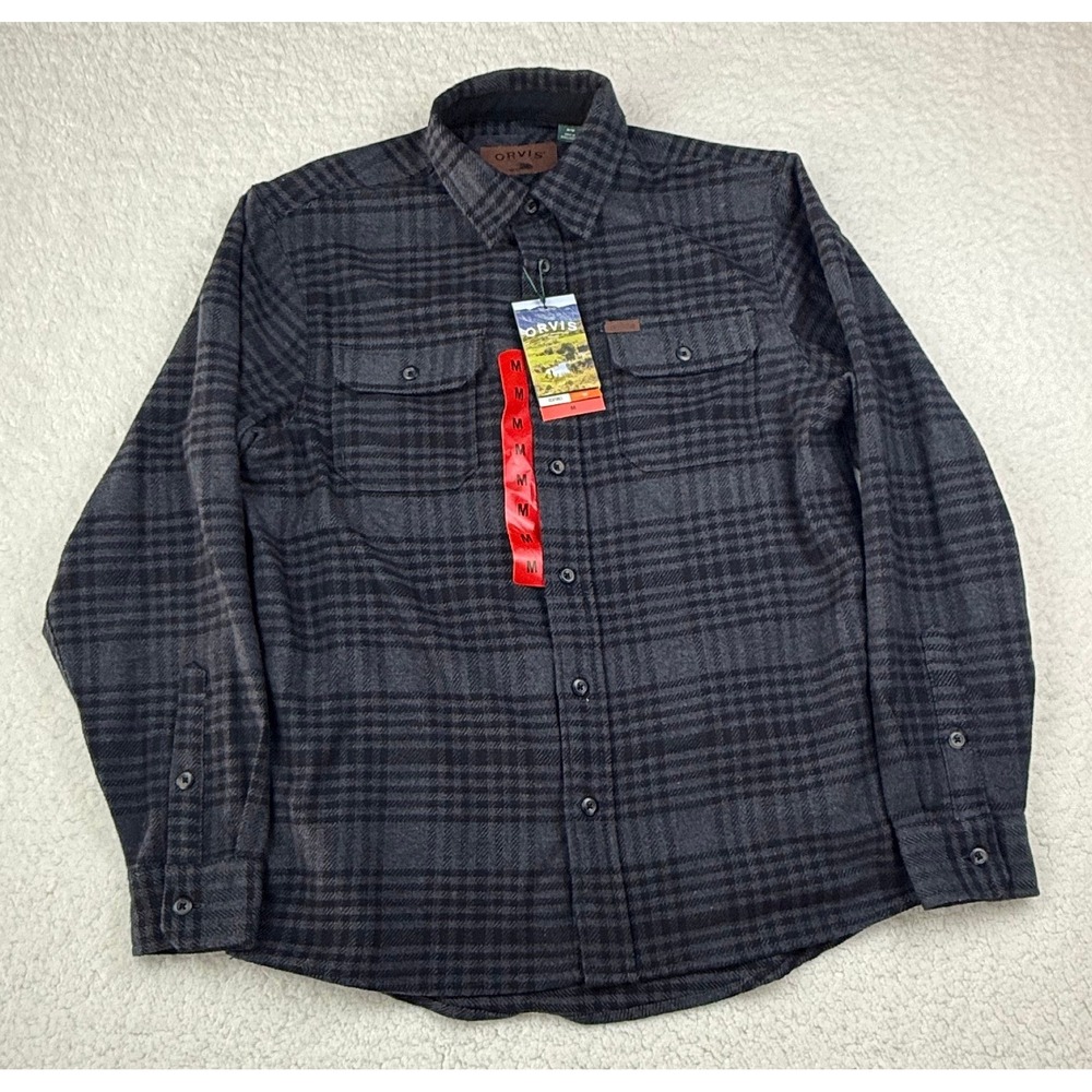 Orvis Mens Heavyweight Flannel Shirt Gray Charcoal Plaid Hidden Pockets Size M
